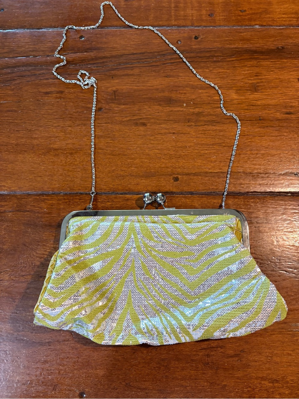 Sequined Zebra-Print Clutch in Lime Yellow with Silver Chain